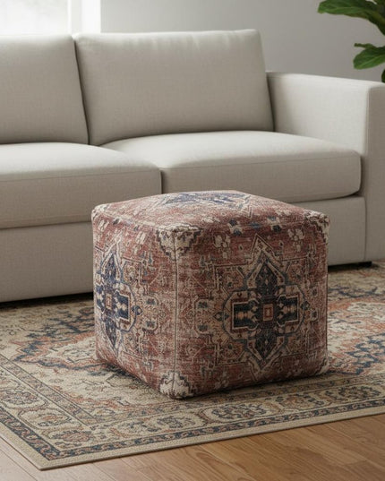 18" Navy Blue and Terra Cotta Upholstered Medallion Pouf Ottoman