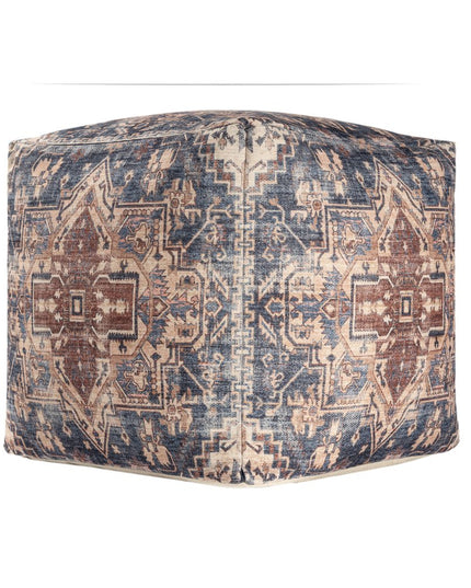 18" Navy Blue and Terra Cotta Upholstered Medallion Pouf Ottoman