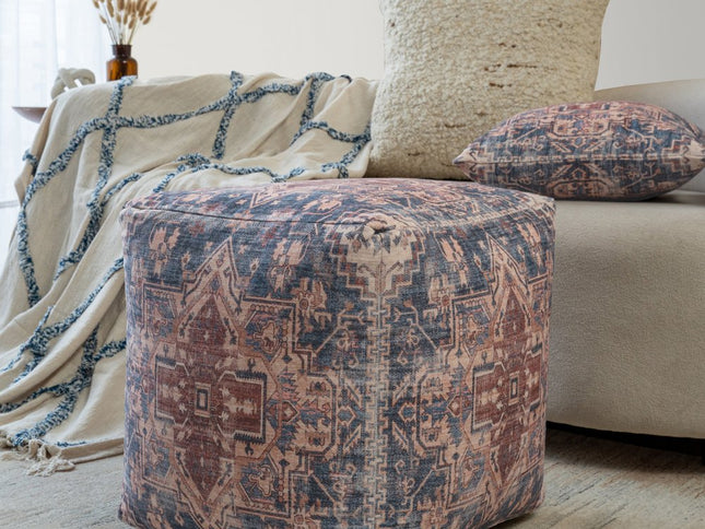 18" Navy Blue and Terra Cotta Upholstered Medallion Pouf Ottoman