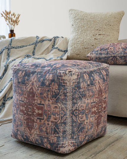18" Navy Blue and Terra Cotta Upholstered Medallion Pouf Ottoman