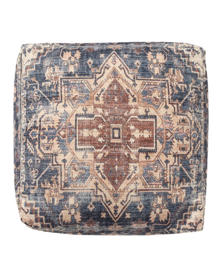 18" Navy Blue and Terra Cotta Upholstered Medallion Pouf Ottoman