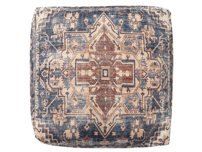 18" Navy Blue and Terra Cotta Upholstered Medallion Pouf Ottoman