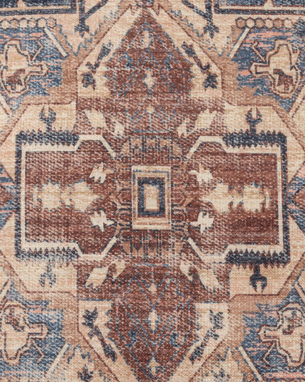 18" Navy Blue and Terra Cotta Upholstered Medallion Pouf Ottoman