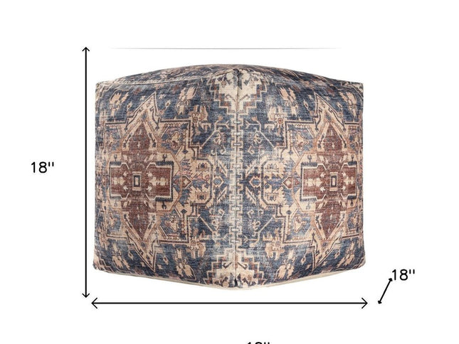 18" Navy Blue and Terra Cotta Upholstered Medallion Pouf Ottoman