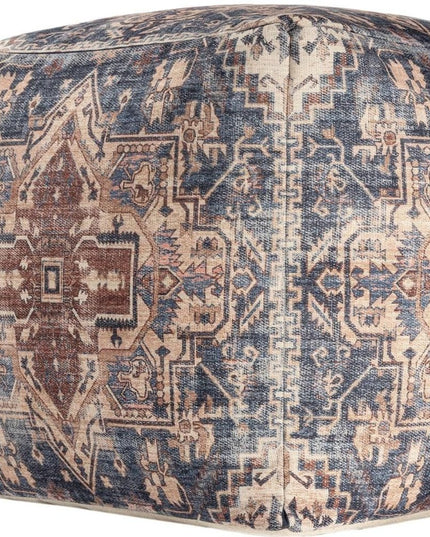 18" Navy Blue and Terra Cotta Upholstered Medallion Pouf Ottoman