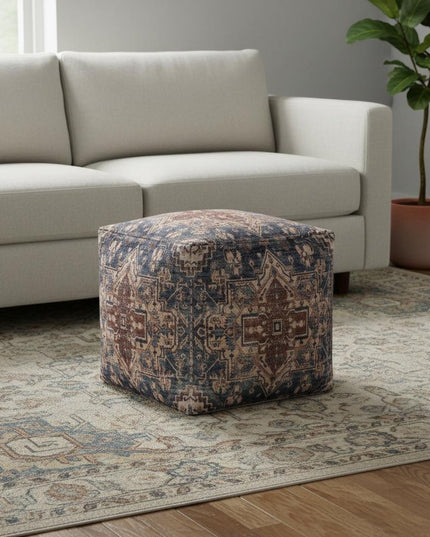 18" Navy Blue and Terra Cotta Upholstered Medallion Pouf Ottoman