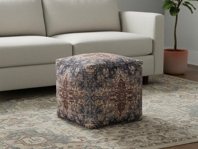18" Navy Blue and Terra Cotta Upholstered Medallion Pouf Ottoman