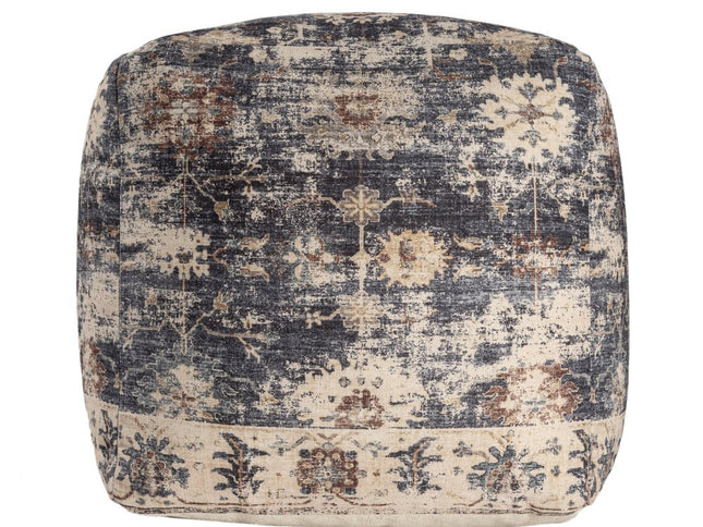 18" Navy Blue and Tan Upholstered Medallion Pouf Ottoman