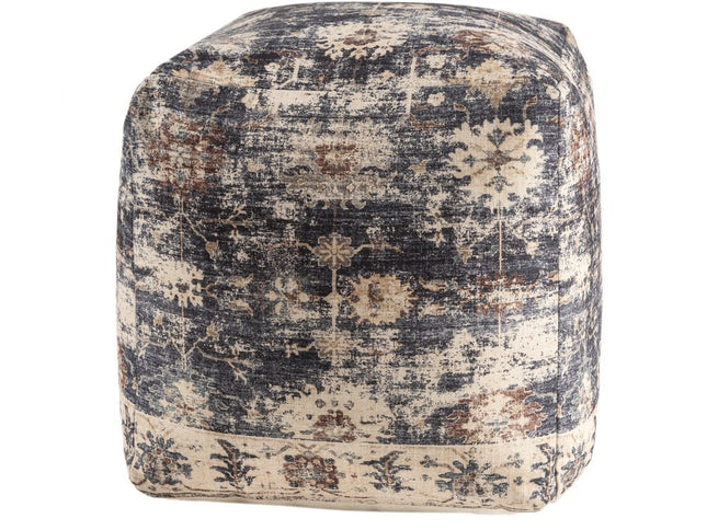 18" Navy Blue and Tan Upholstered Medallion Pouf Ottoman