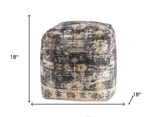 18" Navy Blue and Tan Upholstered Medallion Pouf Ottoman