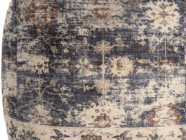 18" Navy Blue and Tan Upholstered Medallion Pouf Ottoman