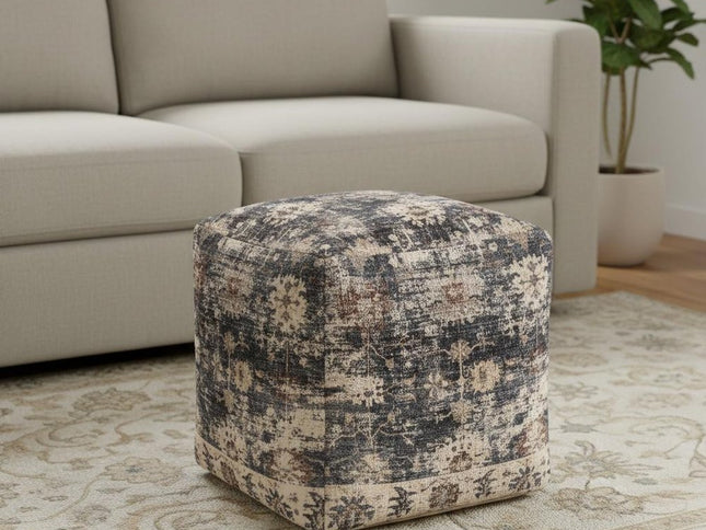 18" Navy Blue and Tan Upholstered Medallion Pouf Ottoman