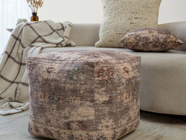 18" Ivory and Taupe Upholstered Medallion Pouf Ottoman