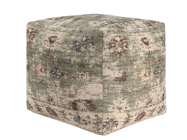 18" Ivory and Sage Upholstered Medallion Pouf Ottoman