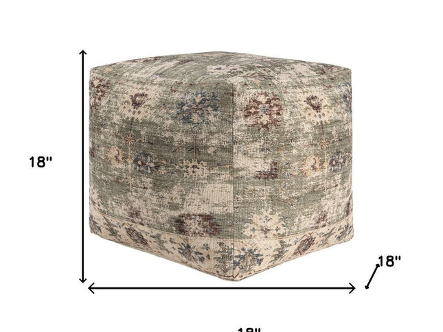 18" Ivory and Sage Upholstered Medallion Pouf Ottoman