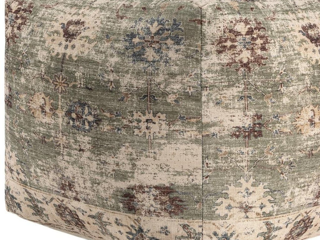 18" Ivory and Sage Upholstered Medallion Pouf Ottoman