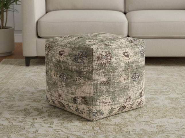 18" Ivory and Sage Upholstered Medallion Pouf Ottoman