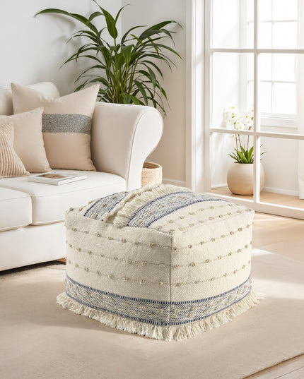 18" Ivory and Navy Blue Cotton And Wool Striped Pouf Ottoman