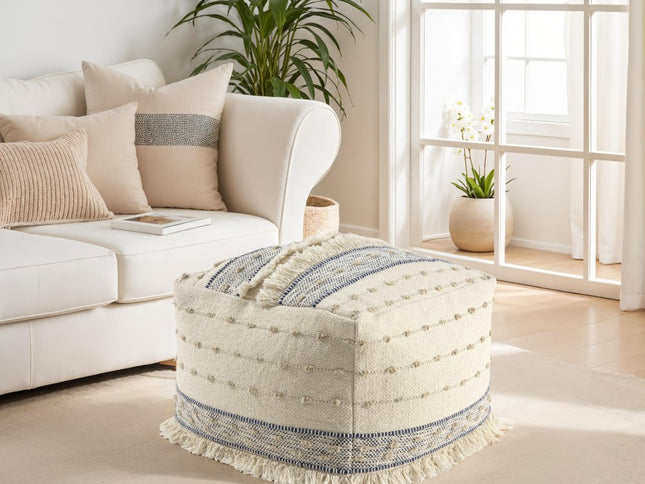 18" Ivory and Navy Blue Cotton And Wool Striped Pouf Ottoman