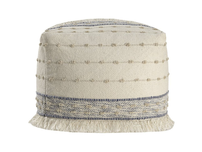 18" Ivory and Navy Blue Cotton And Wool Striped Pouf Ottoman