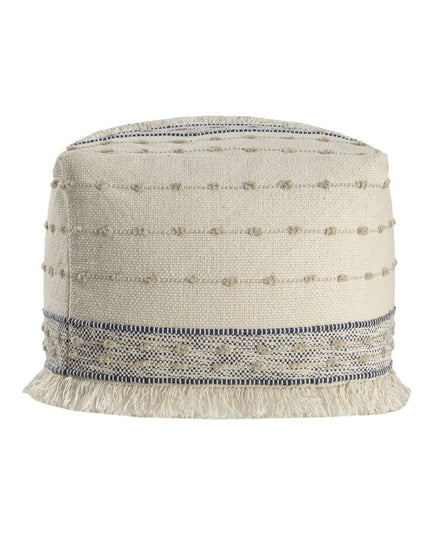 18" Ivory and Navy Blue Cotton And Wool Striped Pouf Ottoman