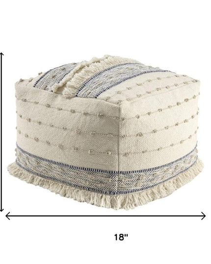 18" Ivory and Navy Blue Cotton And Wool Striped Pouf Ottoman