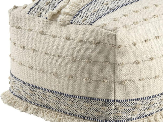 18" Ivory and Navy Blue Cotton And Wool Striped Pouf Ottoman