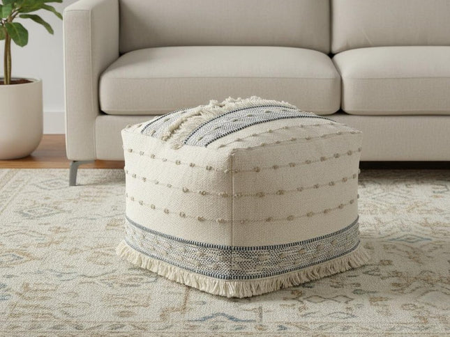 18" Ivory and Navy Blue Cotton And Wool Striped Pouf Ottoman