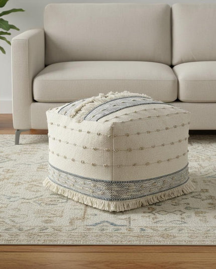 18" Ivory and Navy Blue Cotton And Wool Striped Pouf Ottoman