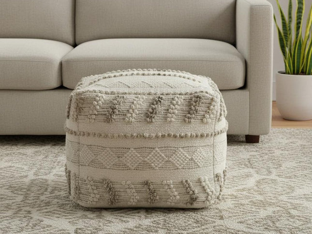 18" Ivory and Natural Cotton And Wool Striped Pouf Ottoman