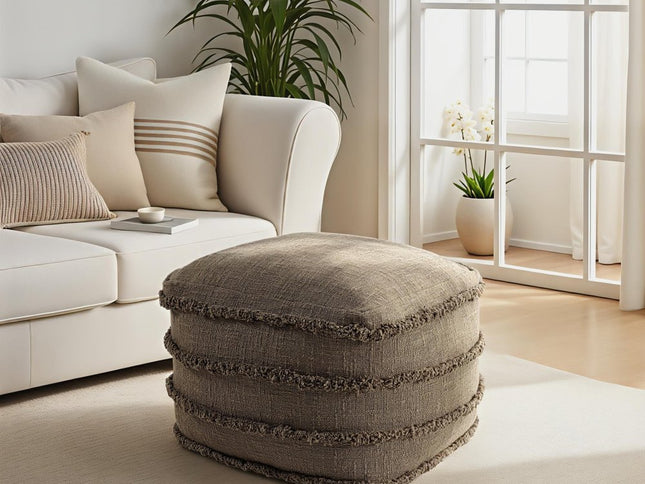 18" Brown Cotton Striped Pouf Ottoman