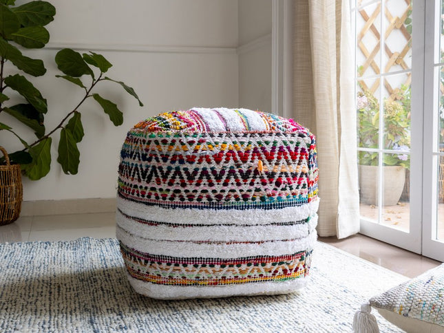 18" Natural And Rainbow Cotton Blend Chevron Pouf Ottoman