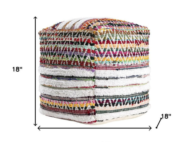 18" Natural And Rainbow Cotton Blend Chevron Pouf Ottoman