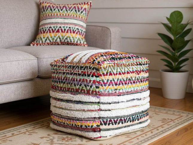 18" Natural And Rainbow Cotton Blend Chevron Pouf Ottoman