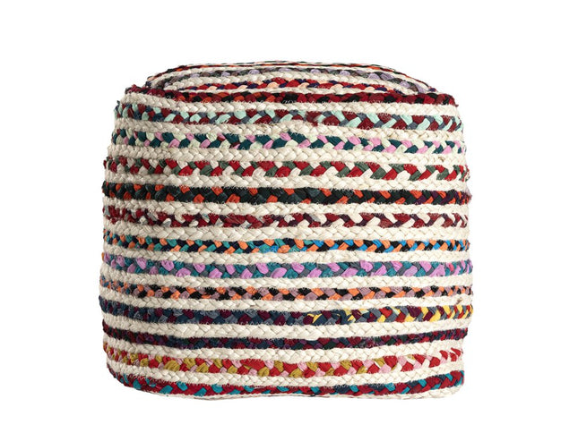 18" Natural and Rainbow Braided Jute Blend Striped Pouf Ottoman