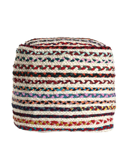 18" Natural and Rainbow Braided Jute Blend Striped Pouf Ottoman