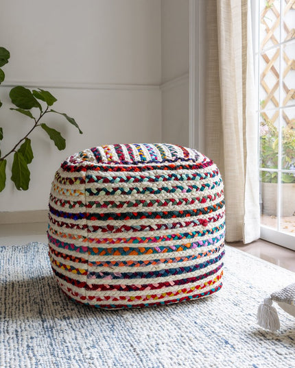 18" Natural and Rainbow Braided Jute Blend Striped Pouf Ottoman