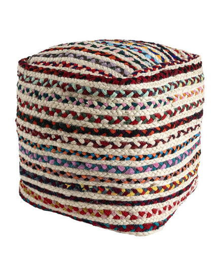 18" Natural and Rainbow Braided Jute Blend Striped Pouf Ottoman