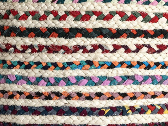 18" Natural and Rainbow Braided Jute Blend Striped Pouf Ottoman