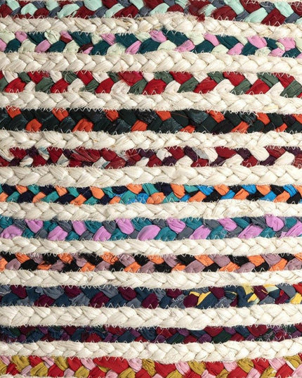 18" Natural and Rainbow Braided Jute Blend Striped Pouf Ottoman