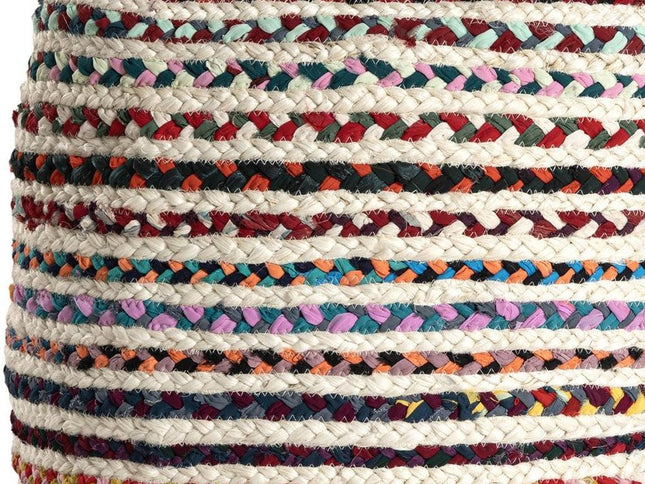 18" Natural and Rainbow Braided Jute Blend Striped Pouf Ottoman