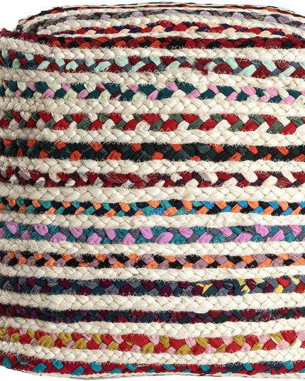 18" Natural and Rainbow Braided Jute Blend Striped Pouf Ottoman