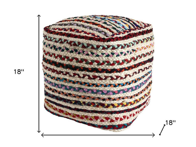 18" Natural and Rainbow Braided Jute Blend Striped Pouf Ottoman
