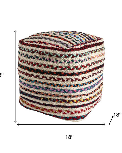 18" Natural and Rainbow Braided Jute Blend Striped Pouf Ottoman