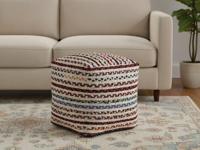 18" Natural and Rainbow Braided Jute Blend Striped Pouf Ottoman