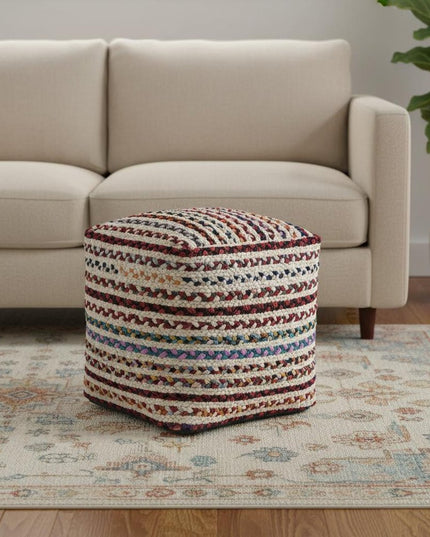 18" Natural and Rainbow Braided Jute Blend Striped Pouf Ottoman