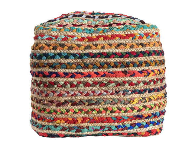 18" Natural and Rainbow Braided Jute And Polyester Striped Pouf Ottoman