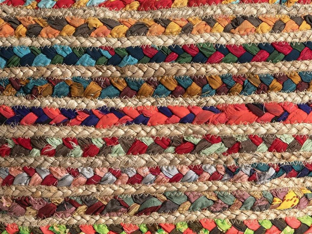 18" Natural and Rainbow Braided Jute And Polyester Striped Pouf Ottoman