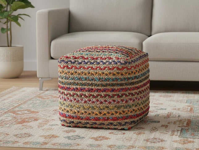 18" Natural and Rainbow Braided Jute And Polyester Striped Pouf Ottoman
