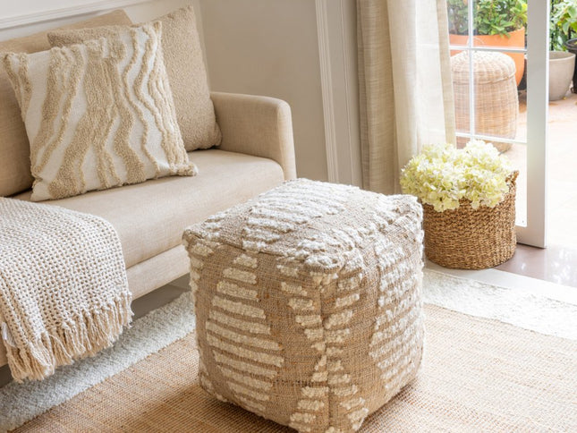 18" Ivory and Natural Cotton Jute And Wool Geometric Cube Pouf Ottoman